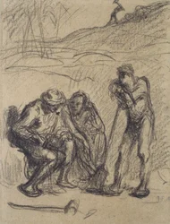 Drei Bauern ruhen sich aus, einer lehnt auf einem Spaten